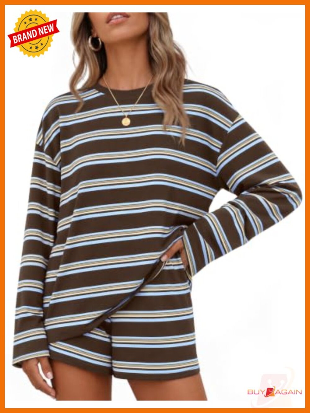 2 Piece Lounge Short Set, Oversized Long Sleeve Top & Elastic Shorts